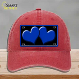 Solid Blue Centered Hearts Black Novelty License Plate Hat Unconstructed Cotton / Red