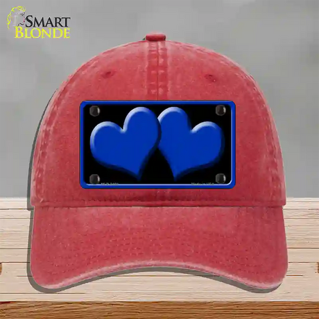 Solid Blue Centered Hearts Black Novelty License Plate Hat Unconstructed Cotton / Red