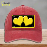 Solid Yellow Centered Hearts Black Novelty License Plate Hat Unconstructed Cotton / Red