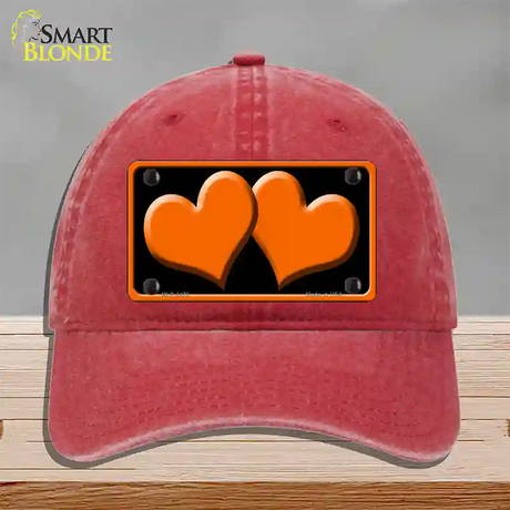 Solid Orange Centered Hearts Black Novelty License Plate Hat Unconstructed Cotton / Red