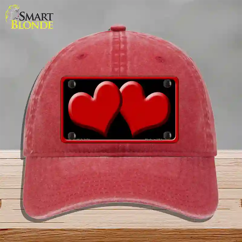 Solid Red Centered Hearts Black Novelty License Plate Hat Unconstructed Cotton / Red