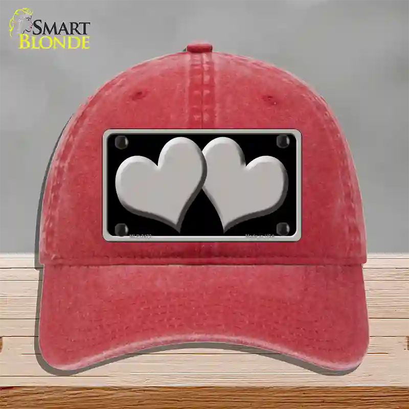 Solid Grey Centered Hearts Black Novelty License Plate Hat Unconstructed Cotton / Red