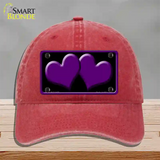 Solid Purple Centered Hearts Black Novelty License Plate Hat Unconstructed Cotton / Red