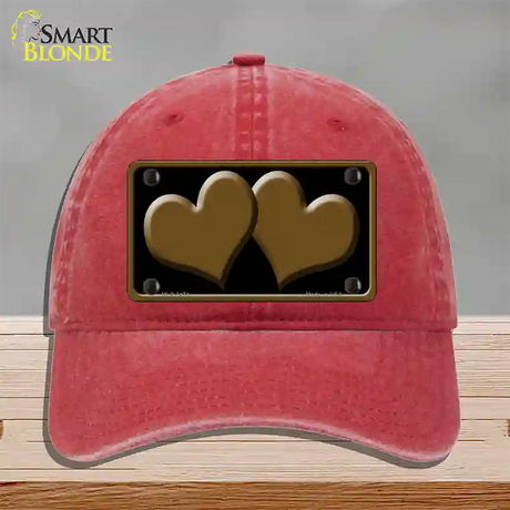 Solid Brown Centered Hearts Black Novelty License Plate Hat Unconstructed Cotton / Red