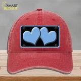 Solid Light Blue Centered Hearts Black Novelty License Plate Hat Unconstructed Cotton / Red