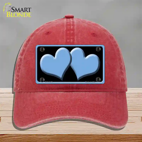 Solid Light Blue Centered Hearts Black Novelty License Plate Hat Unconstructed Cotton / Red