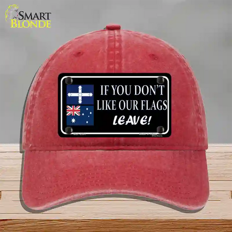 If You Dont Like Our Flag Leave Novelty License Plate Hat Unconstructed Cotton / Red