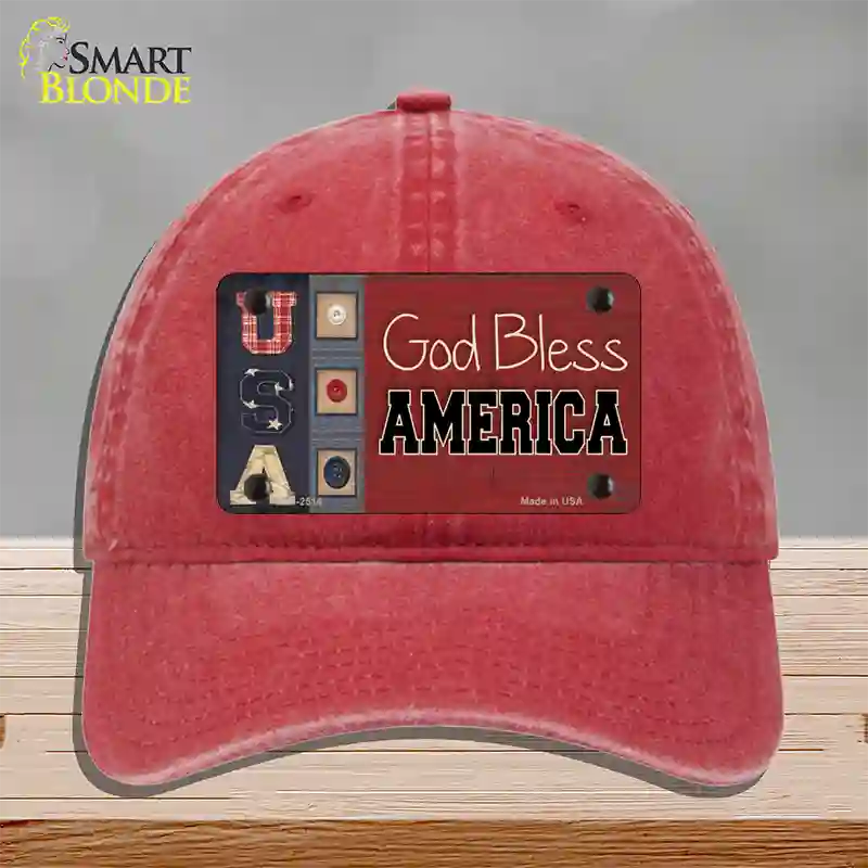 God Bless America Quilt Novelty License Plate Hat Unconstructed Cotton / Red