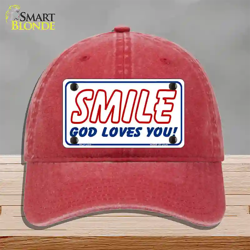 Smile God Loves You Novelty License Plate Hat Unconstructed Cotton / Red