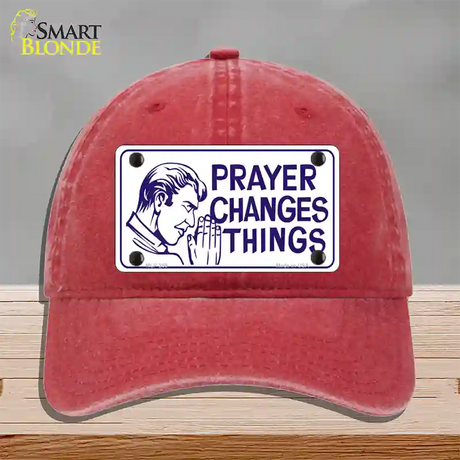 Prayer Changes Things Novelty License Plate Hat Unconstructed Cotton / Red