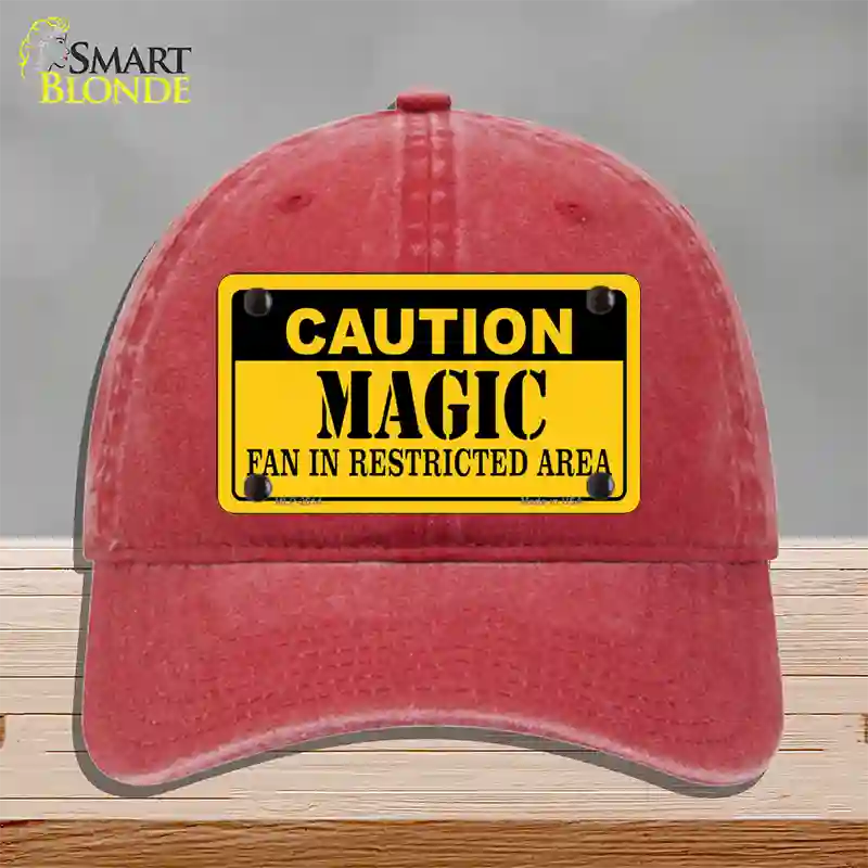 Caution Magic Fan Novelty License Plate Hat Unconstructed Cotton / Red