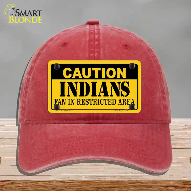 Caution Indians Fan Novelty License Plate Hat Unconstructed Cotton / Red