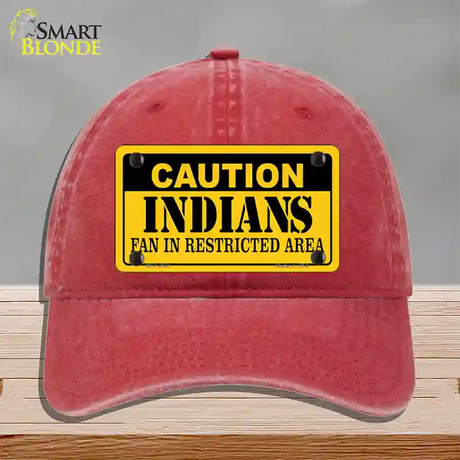 Caution Indians Fan Novelty License Plate Hat Unconstructed Cotton / Red