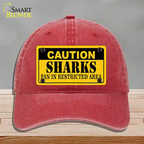 Caution Sharks Novelty License Plate Hat Unconstructed Cotton / Red