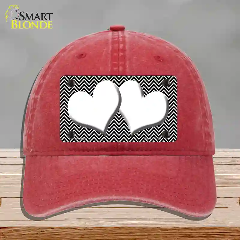 Black White Chevron White Center Hearts Novelty License Plate Hat Unconstructed Cotton / Red