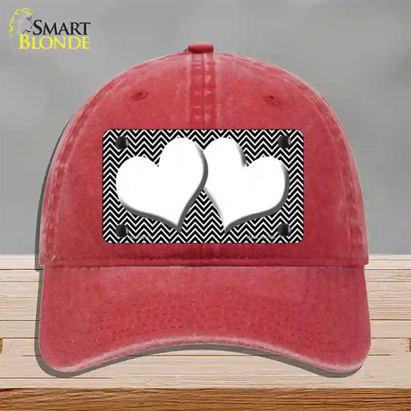 Black White Chevron White Center Hearts Novelty License Plate Hat Unconstructed Cotton / Red