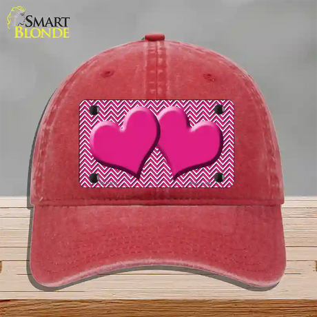 Pink White Chevron Pink Center Hearts Novelty License Plate Hat Unconstructed Cotton / Red