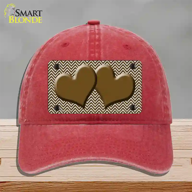 Brown White Chevron Brown Center Hearts Novelty License Plate Hat Unconstructed Cotton / Red