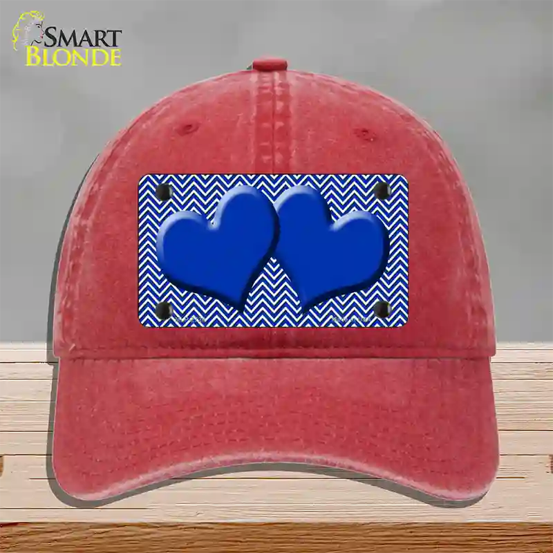 Blue White Chevron Blue Center Hearts Novelty License Plate Hat Unconstructed Cotton / Red