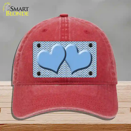 Light Blue White Chevron Light Blue Center Hearts Novelty License Plate Hat Unconstructed Cotton / Red