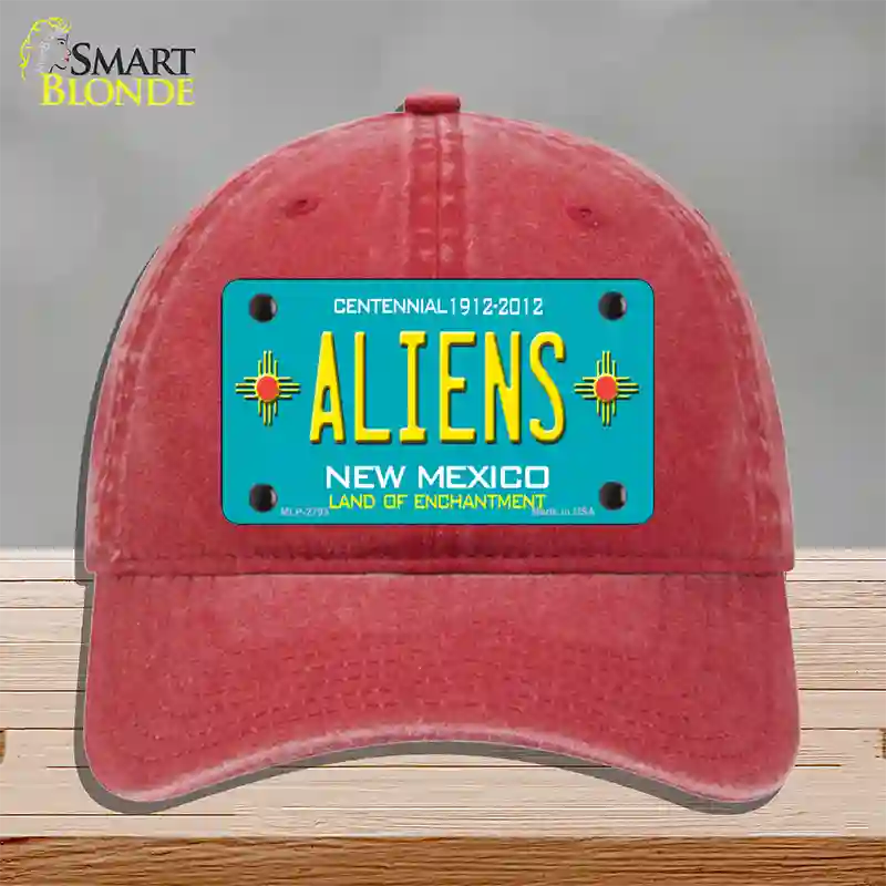 Aliens New Mexico Teal Novelty License Plate Hat Unconstructed Cotton / Red