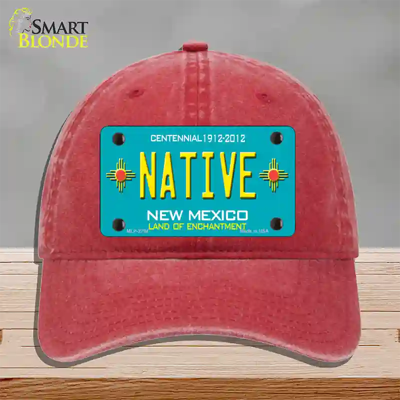 Native New Mexico Teal Novelty License Plate Hat Unconstructed Cotton / Red