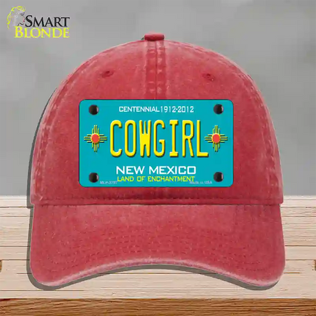 Cowgirl New Mexico Teal Novelty License Plate Hat Unconstructed Cotton / Red