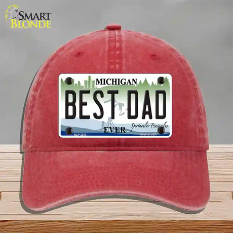 Best Dad Michigan State Novelty License Plate Hat Unconstructed Cotton / Red