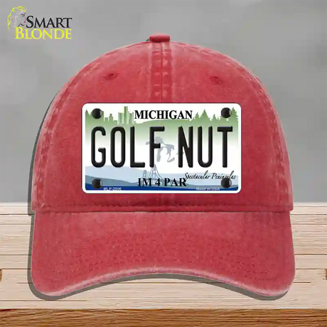 Golf Nut Michigan State Novelty License Plate Hat Unconstructed Cotton / Red