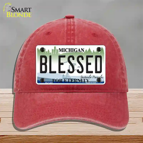 Blessed Michigan State Novelty License Plate Hat Unconstructed Cotton / Red