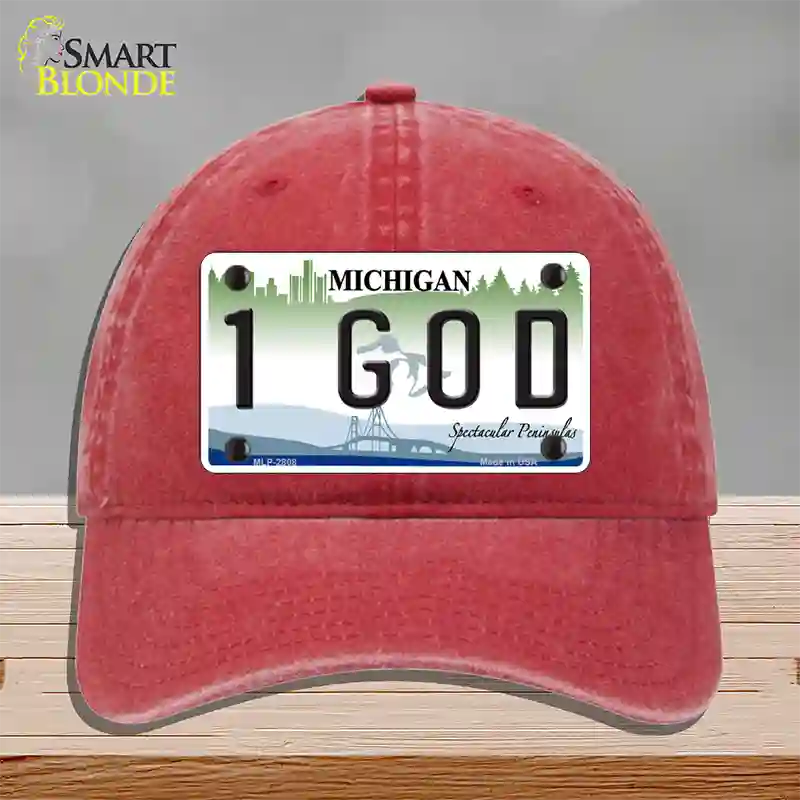 1 GOD Michigan State Novelty License Plate Hat Unconstructed Cotton / Red