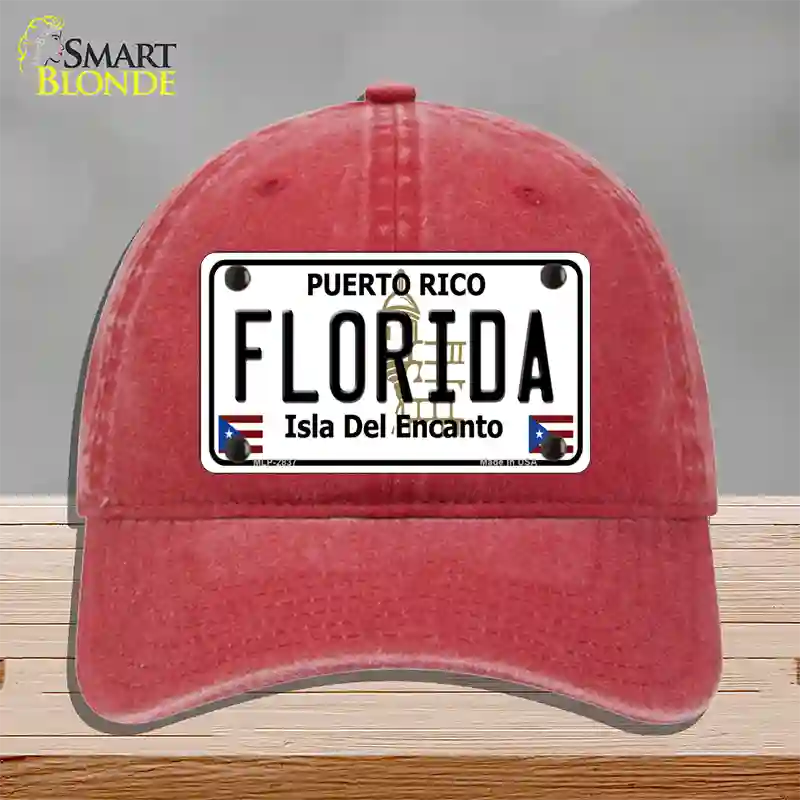 Florida Puerto Rico Novelty License Plate Hat Unconstructed Cotton / Red