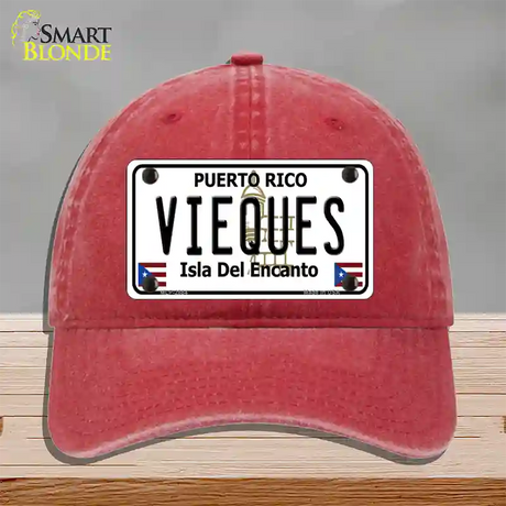 Vieques Puerto Rico Novelty License Plate Hat Unconstructed Cotton / Red