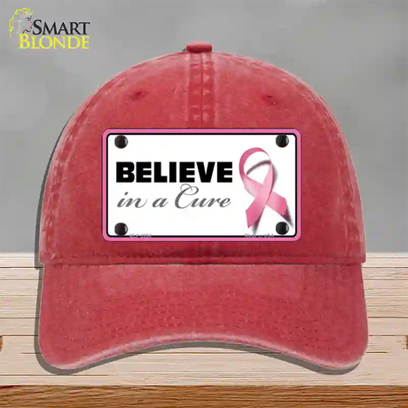 Believe In A Cure Novelty License Plate Hat Sign Unconstructed Cotton / Red