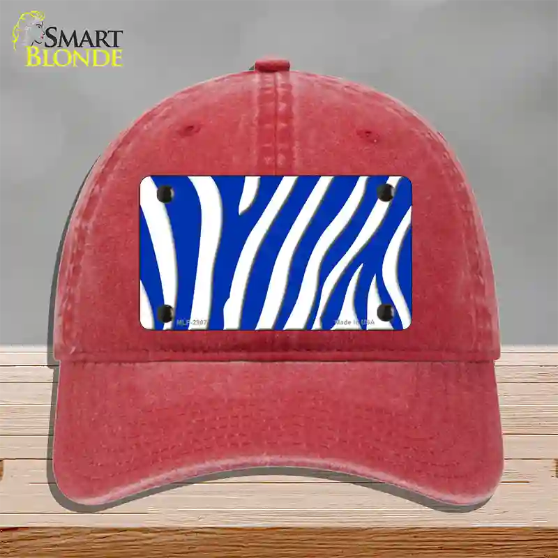 Blue White Zebra Novelty License Plate Hat Unconstructed Cotton / Red