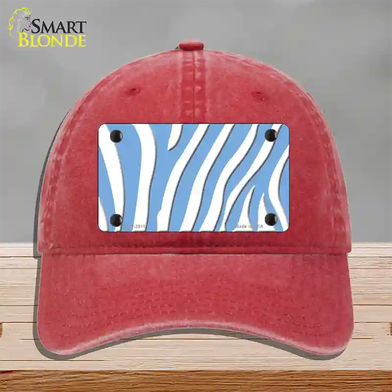 Light Blue White Zebra Novelty License Plate Hat Unconstructed Cotton / Red