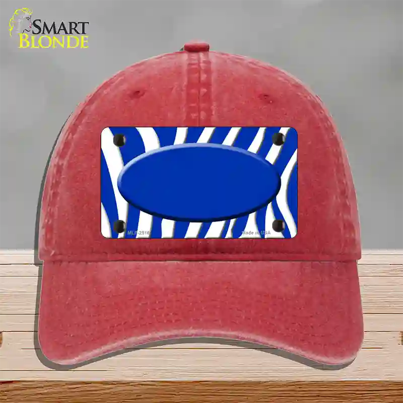 Blue White Zebra Blue Center Oval Novelty License Plate Hat Unconstructed Cotton / Red