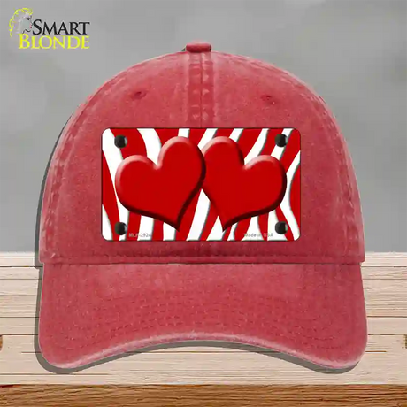 Red White Zebra Red Centered Hearts Novelty License Plate Hat Unconstructed Cotton / Red