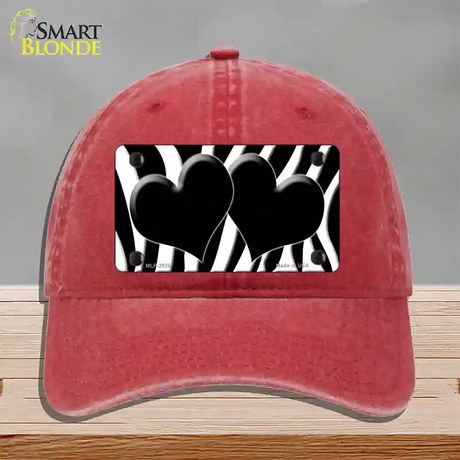 Black White Zebra Black Centered Hearts Novelty License Plate Hat Unconstructed Cotton / Red