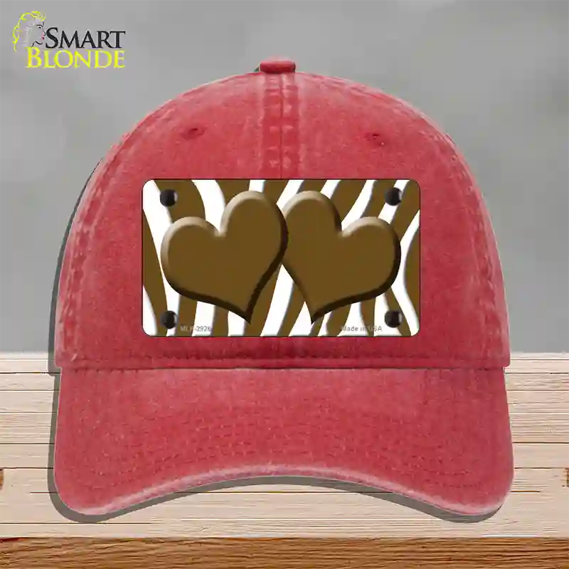 Brown White Zebra Brown Centered Hearts Novelty License Plate Hat Unconstructed Cotton / Red