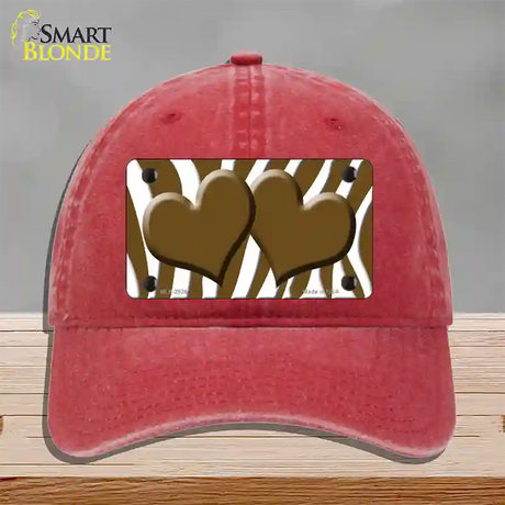 Brown White Zebra Brown Centered Hearts Novelty License Plate Hat Unconstructed Cotton / Red