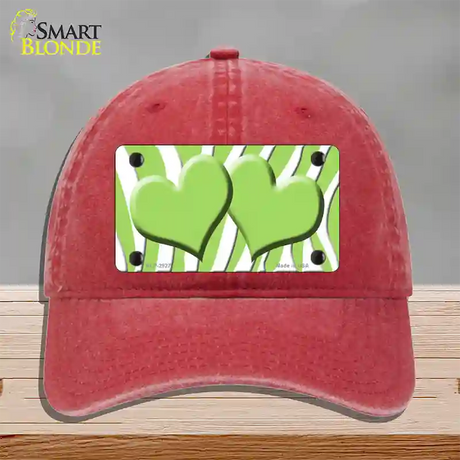 Lime Green White Zebra Lime Green Centered Hearts Novelty License Plate Hat Unconstructed Cotton / Red