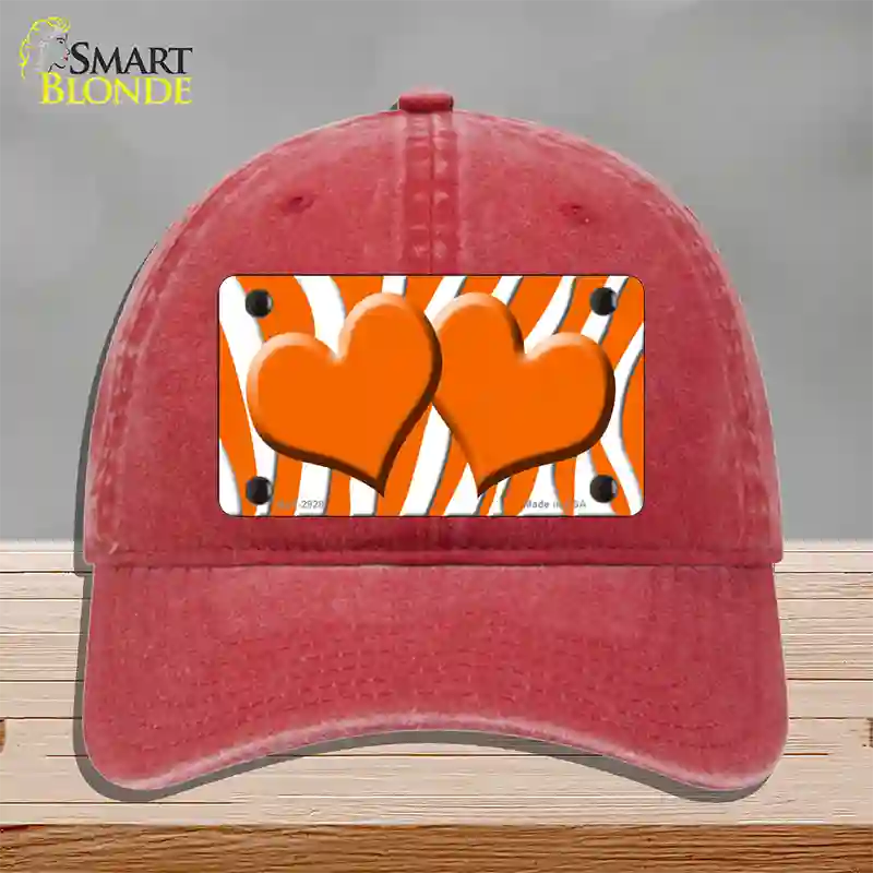 Orange White Zebra Orange Centered Hearts Novelty License Plate Hat Unconstructed Cotton / Red