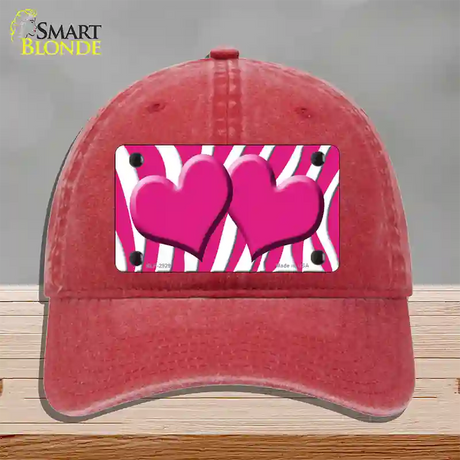 Pink White Zebra Pink Centered Hearts Novelty License Plate Hat Unconstructed Cotton / Red