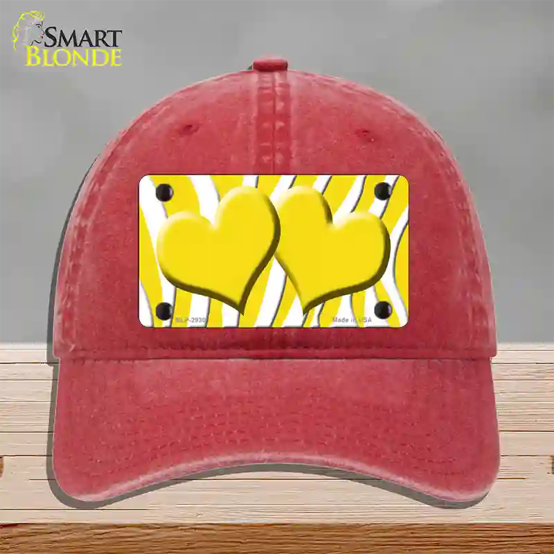 Yellow White Zebra Yellow Centered Hearts Novelty License Plate Hat Unconstructed Cotton / Red