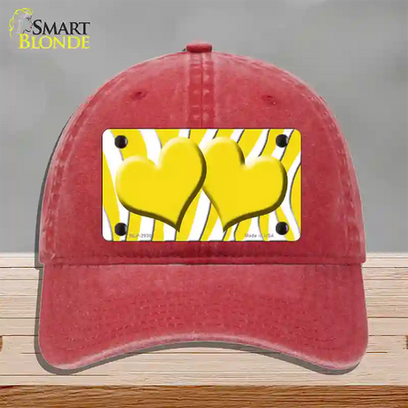 Yellow White Zebra Yellow Centered Hearts Novelty License Plate Hat Unconstructed Cotton / Red