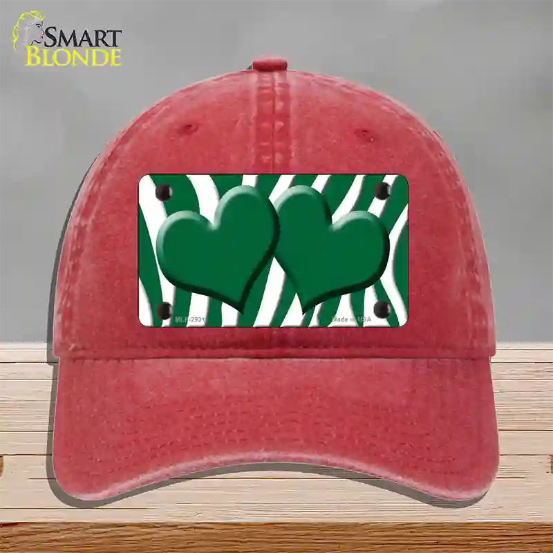 Green White Zebra Green Centered Hearts Novelty License Plate Hat Unconstructed Cotton / Red