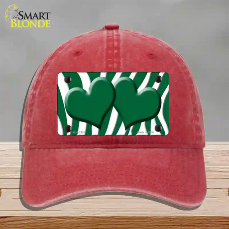 Green White Zebra Green Centered Hearts Novelty License Plate Hat Unconstructed Cotton / Red