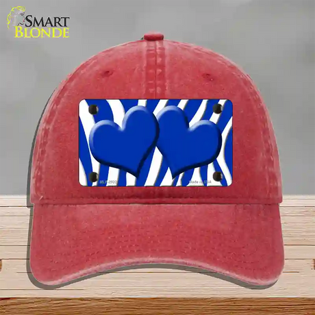 Blue White Zebra Blue Centered Hearts Novelty License Plate Hat Unconstructed Cotton / Red