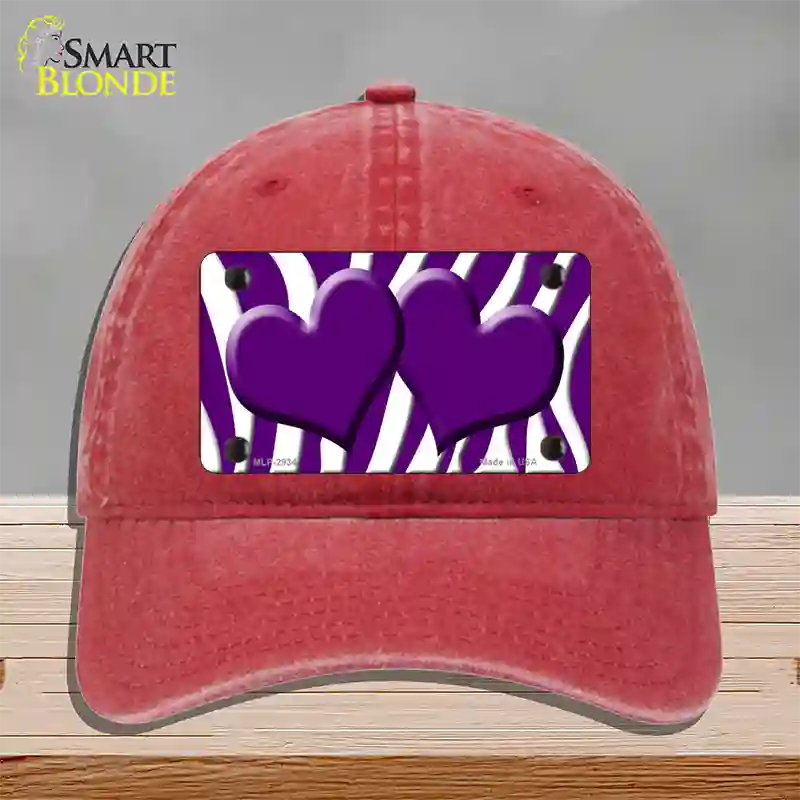 Purple White Zebra Purple Centered Hearts Novelty License Plate Hat Unconstructed Cotton / Red